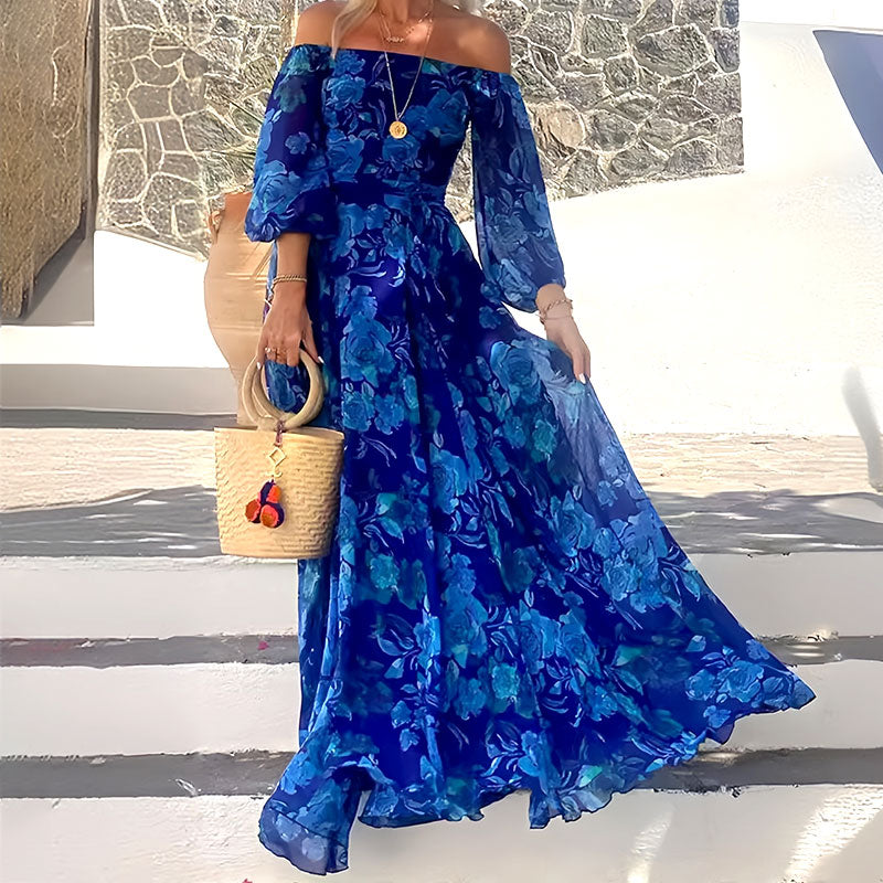 👗 Dámské elegantní bez ramínek květinové tištěné třepetavé dlouhé šaty