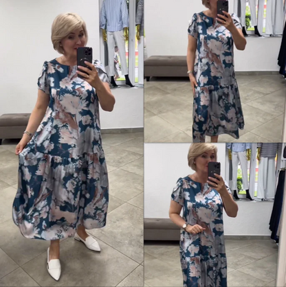 🌹Lehké květinové šaty s krátkými rukávy a kulatým výstřihem