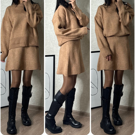 🍁2-dílný svetrový set: Top s dlouhým rukávem a minisukně