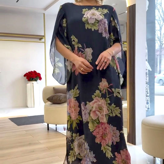 Dámské elegantní posádky krku tištěné dlouhé šaty