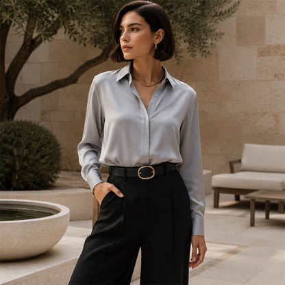 ✨Button-Down, Versatile Layering – Women's Satin Long-Sleeve Shirt ✨