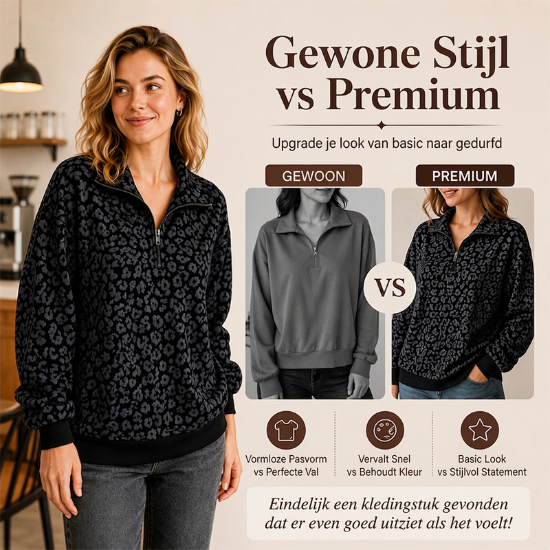 Luipaard Half-Zip Sweater met Opstaande Kraag