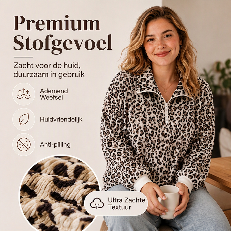 Luipaard Half-Zip Sweater met Opstaande Kraag