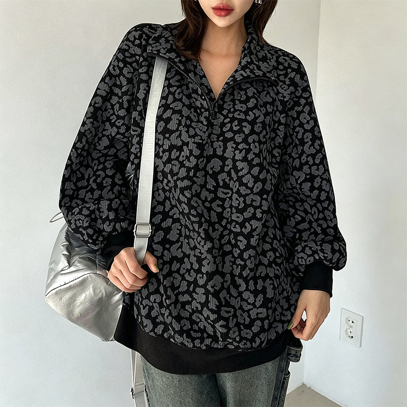Luipaard Half-Zip Sweater met Opstaande Kraag