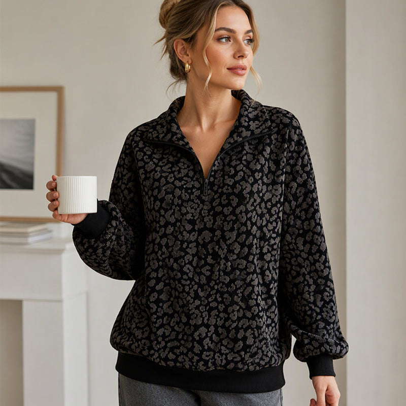 Luipaard Half-Zip Sweater met Opstaande Kraag