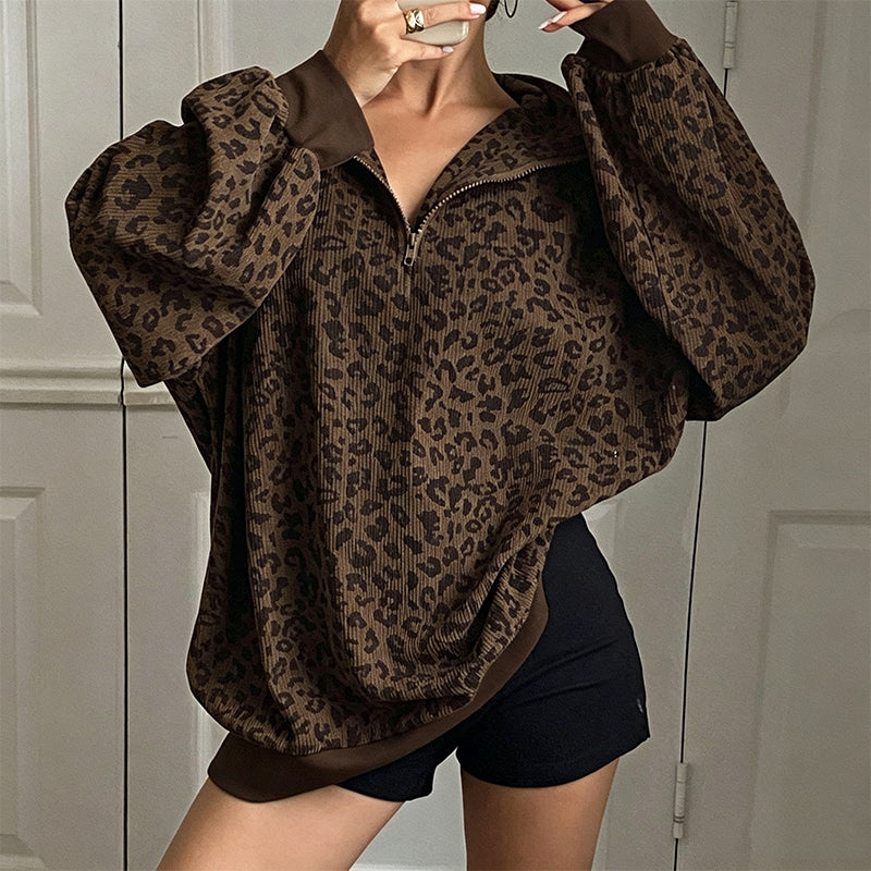 Luipaard Half-Zip Sweater met Opstaande Kraag