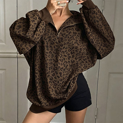 Luipaard Half-Zip Sweater met Opstaande Kraag