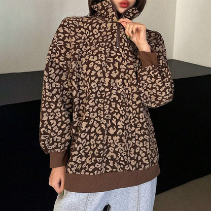 Luipaard Half-Zip Sweater met Opstaande Kraag