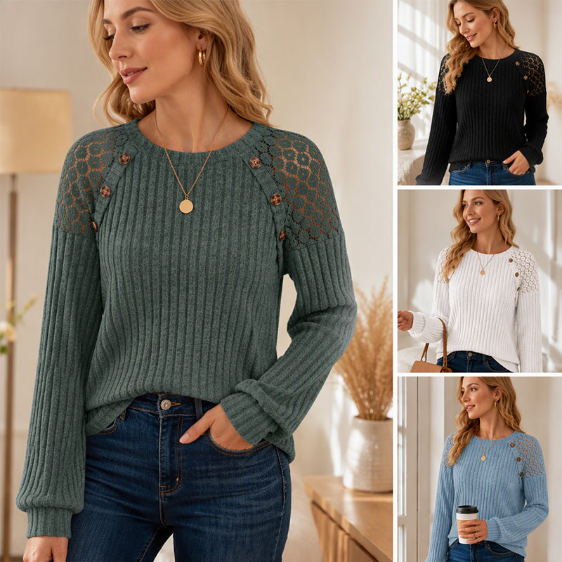 🖤Black Friday Sale:50% OFF🖤 🌸 Lace Detail, Easy Elegance | Women's Ribbed Knit Patchwork Long-Sleeve Top