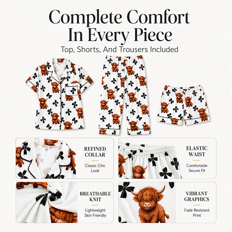 🐮Cute Highland Cow Print, 3-Piece Fun Pajama Set – Cozy Lounge & Sleepwear ✨