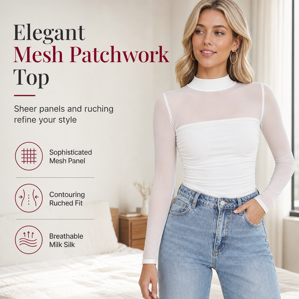 🎀 Women's Vintage Mock Neck Lace Mesh Top ✨