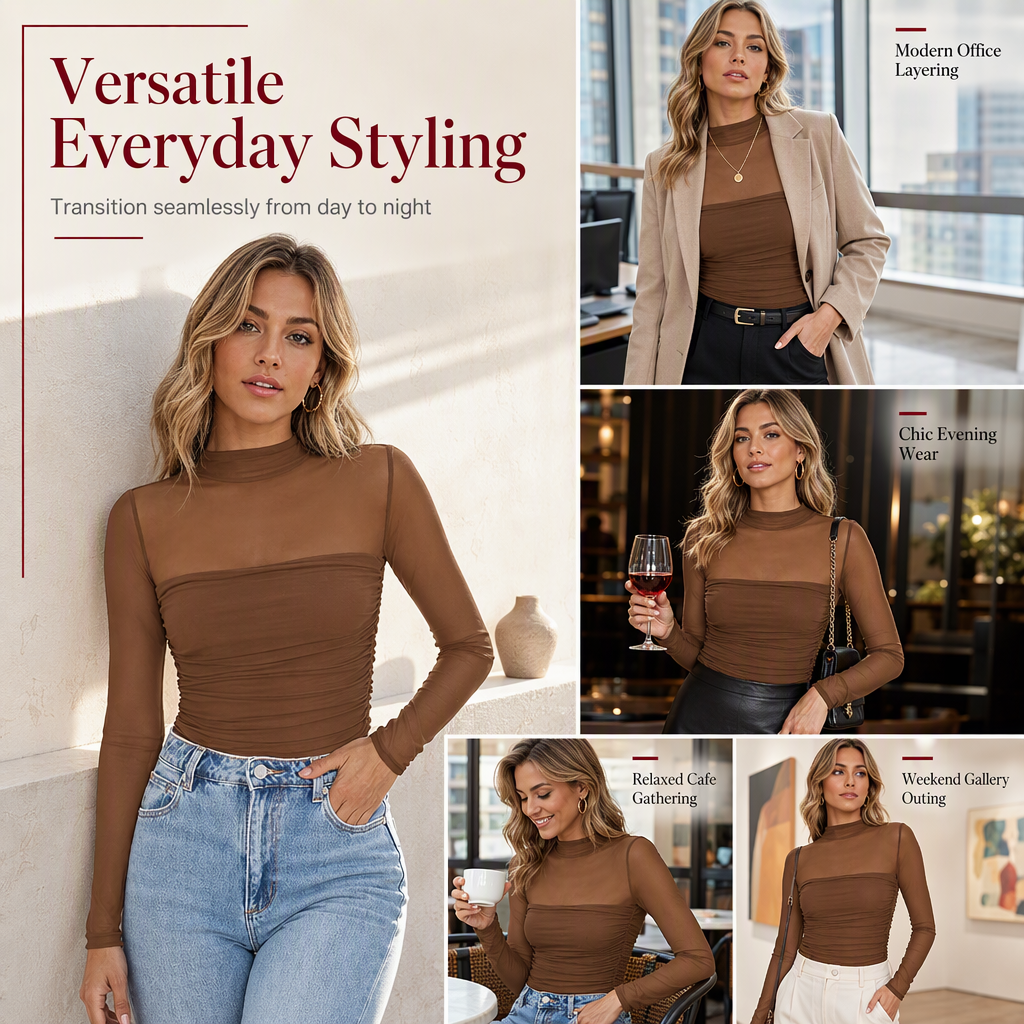 🎀 Women's Vintage Mock Neck Lace Mesh Top ✨