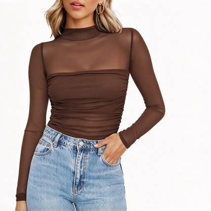 🎀 Women's Vintage Mock Neck Lace Mesh Top ✨