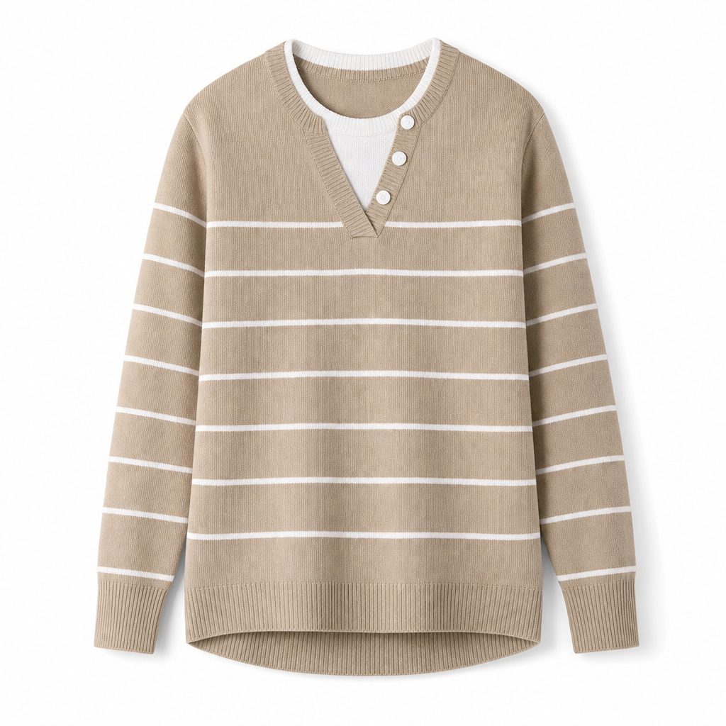 🌸Hot Sale 50% OFF💖Casual Mock Two Piece V Neck Knit Sweater with Button Details