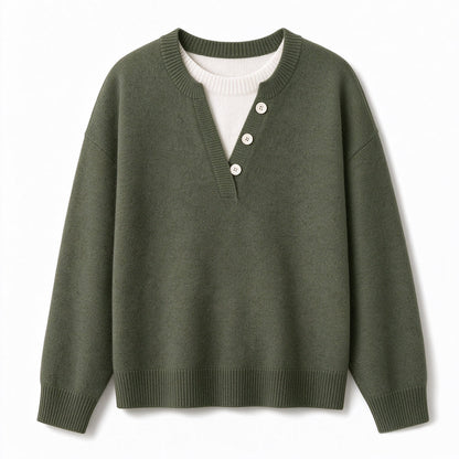 🌸Hot Sale 50% OFF💖Casual Mock Two Piece V Neck Knit Sweater with Button Details