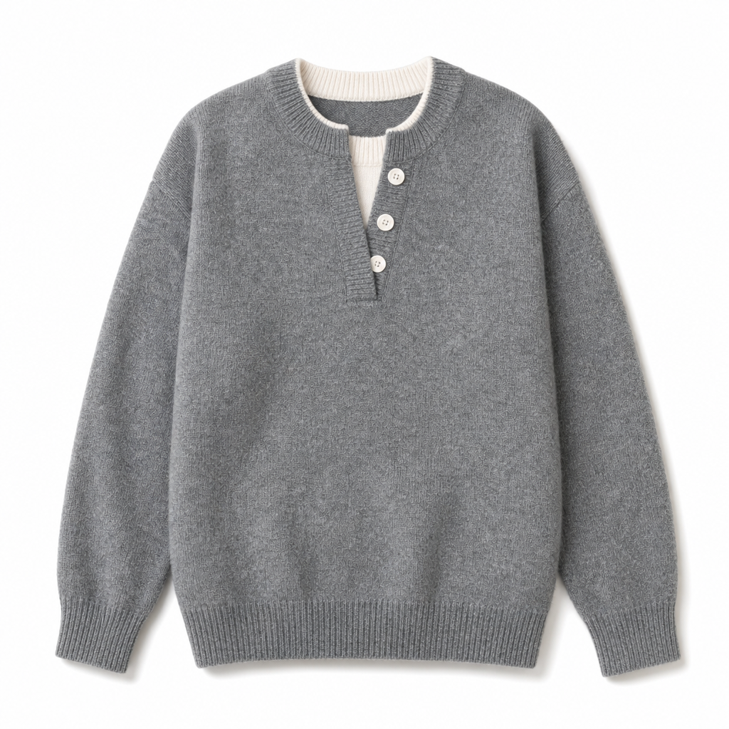 🌸Hot Sale 50% OFF💖Casual Mock Two Piece V Neck Knit Sweater with Button Details