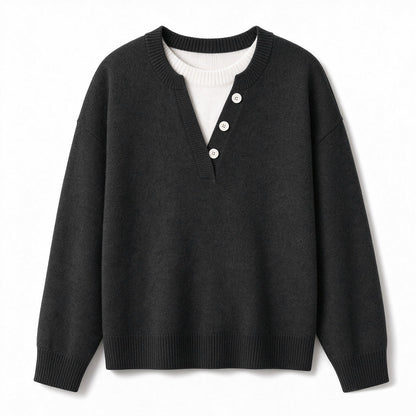 🌸Hot Sale 50% OFF💖Casual Mock Two Piece V Neck Knit Sweater with Button Details