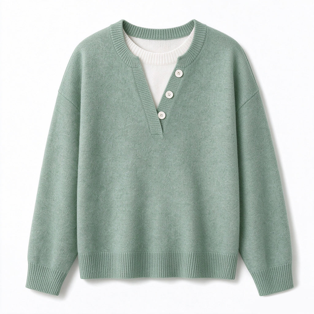 🌸Hot Sale 50% OFF💖Casual Mock Two Piece V Neck Knit Sweater with Button Details