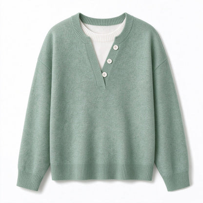 🌸Hot Sale 50% OFF💖Casual Mock Two Piece V Neck Knit Sweater with Button Details
