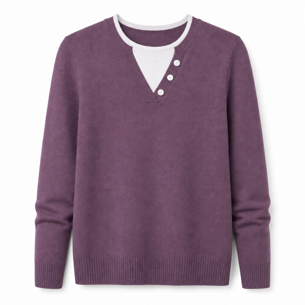 🌸Hot Sale 50% OFF💖Casual Mock Two Piece V Neck Knit Sweater with Button Details