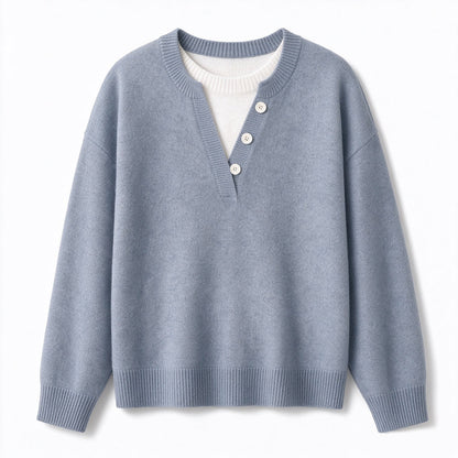 🌸Hot Sale 50% OFF💖Casual Mock Two Piece V Neck Knit Sweater with Button Details